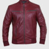 Jade Mens Maroon Bomber Moto Leather Jacket - Front View
