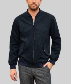 James Mens Dark Blue Bomber Suede Leather Jacket-Front