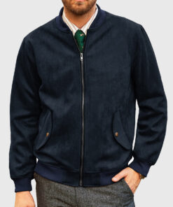 James Mens Dark Blue Bomber Suede Leather Jacket - Front View
