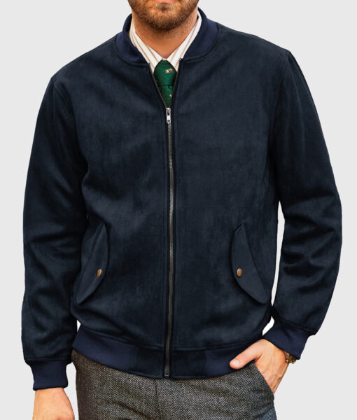 James Mens Dark Blue Bomber Suede Leather Jacket - Front View