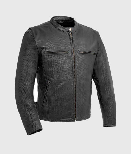 Jamie Black Moto Cafe Racer Biker Leather Jacket - Front View