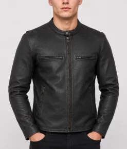 Jamie Black Moto Cafe Racer Biker Leather Jacket-Front
