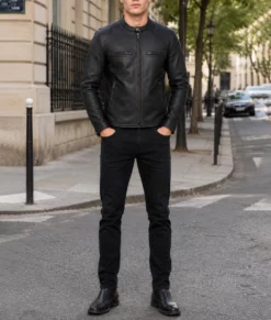 Jamie Black Moto Cafe Racer Biker Leather Jacket-Front Full