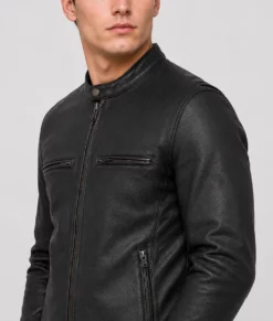 Jamie Black Moto Cafe Racer Biker Leather Jacket-Zoom