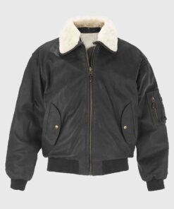 Jimmy Black MA-1 Leather Bomber Aviator Jacket with Fur - Front View