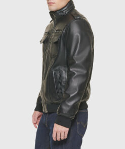 Jimmy Mens Black Bomber Epaulette Leather Jacket - Side View