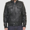 Jimmy Mens Black Bomber Epaulette Leather Jacket - Front View