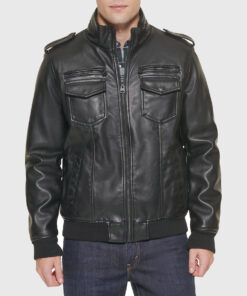 Jimmy Mens Black Bomber Epaulette Leather Jacket - Front View