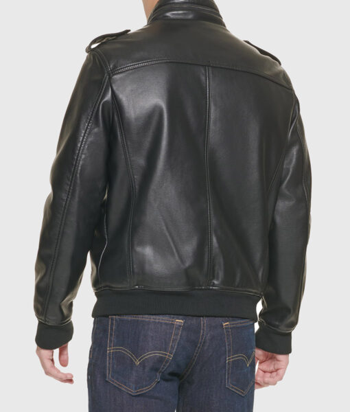 Jimmy Mens Black Bomber Epaulette Leather Jacket - Back View