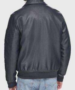 Joe Mens Navy Blue Bomber Leather Jacket - Back View