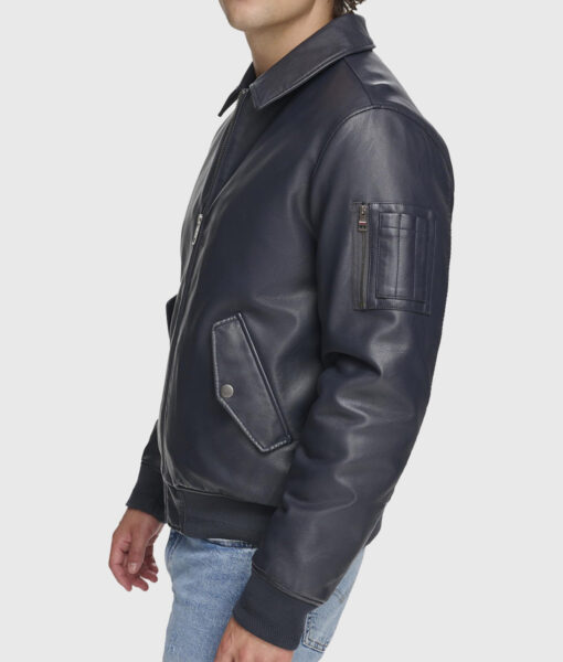 Joe Mens Navy Blue Bomber Leather Jacket - Side View