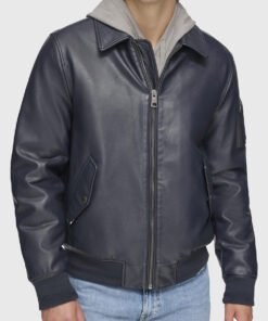 Joe Mens Navy Blue Bomber Leather Jacket - Front View