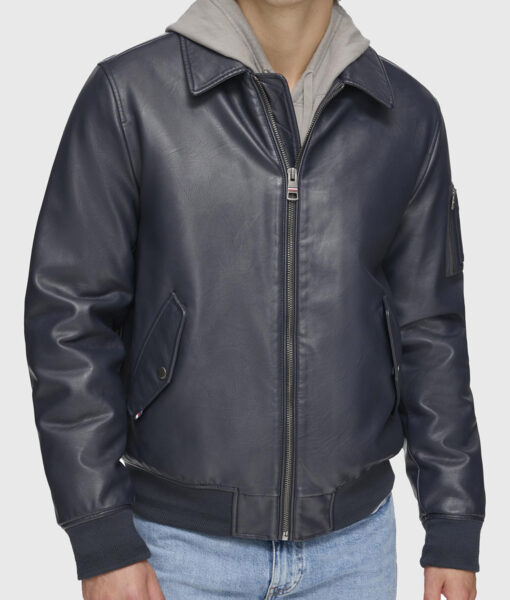 Joe Mens Navy Blue Bomber Leather Jacket - Front View