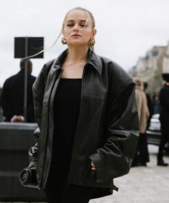 Joey King Womens Black Leather Coat - Womens Black Leather Oversized Jacket - Front View