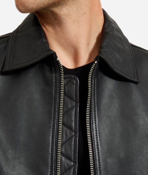 John Mens Black Leather Jacket - Mens Black Leather Jacket - Collar View