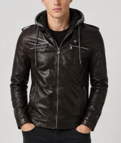 Jones Mens Brown Biker Hooded Leather Jacket-Front