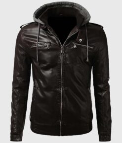 Jones Mens Brown Bomber Hooded Leather Jacket