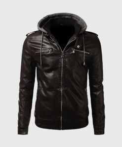 Jones Mens Brown Bomber Hooded Leather Jacket - Front View