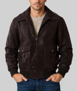 Jordon Men's Vintage Dark Brown MA-2 Bomber Leather Jacket-Front