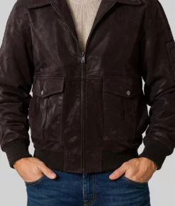 Jordon Men's Vintage Dark Brown MA-2 Bomber Leather Jacket-Zoom