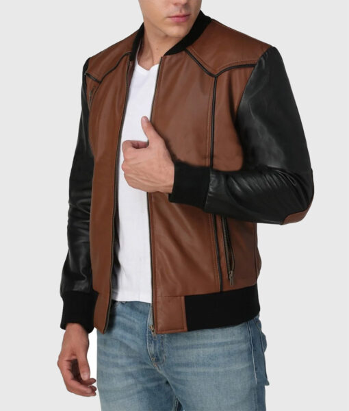 Justin Mens Brown Bomber Leather Jacket - Right Side View