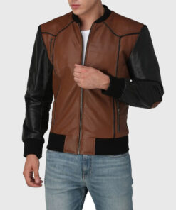 Justin Mens Brown Bomber Leather Jacket - Front View