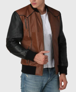 Justin Mens Brown Bomber Leather Jacket - Left Side View
