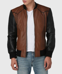 Justin Mens Brown Bomber Leather Jacket - Front Open View