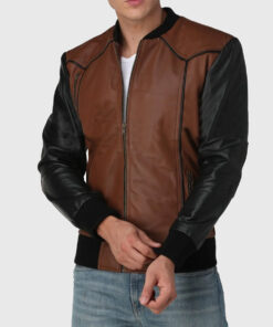 Justin Mens Brown Bomber Leather Jacket - Sleeves View