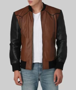 Justin Mens Brown Bomber Leather Jacket-Front