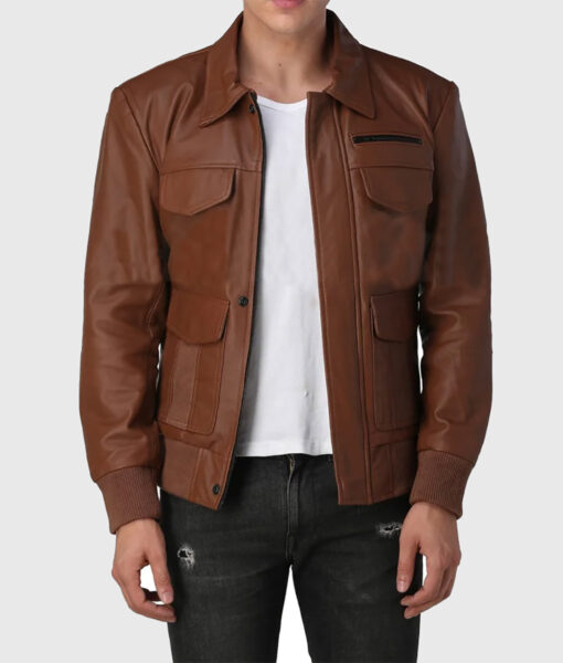 Justin Mens Brown Bomber Utility Leather Jacket - Front Open View