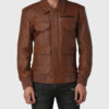 Justin Mens Brown Bomber Utility Leather Jacket - Front View