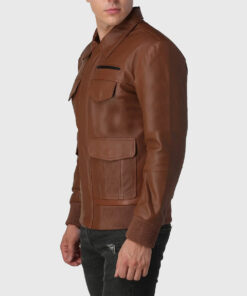 Justin Mens Brown Bomber Utility Leather Jacket - Side View