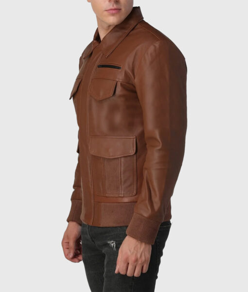 Justin Mens Brown Bomber Utility Leather Jacket - Side View