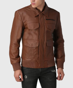 Justin Mens Brown Bomber Utility Leather Jacket - Right Side View