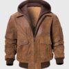 Keller Mens Brown Bomber Hooded Leather Jacket - Front View