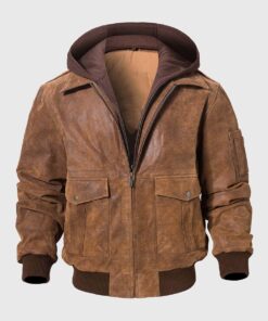 Keller Mens Brown Bomber Hooded Leather Jacket - Front View