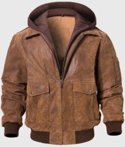 Keller Mens Brown Bomber Hooded Leather Jacket