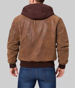 Keller Mens Brown Bomber Hooded Leather Jacket-Back
