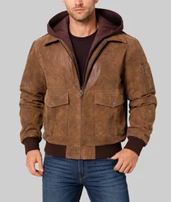 Keller Mens Brown Bomber Hooded Leather Jacket-Front