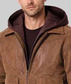 Keller Mens Brown Bomber Hooded Leather Jacket-Front Zoom