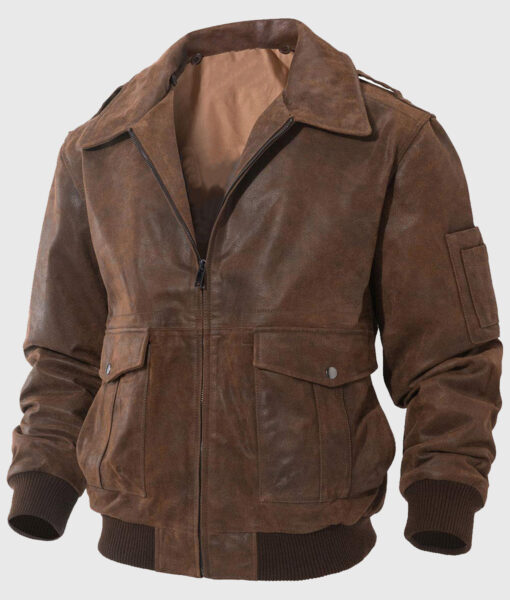 Keller Mens Brown Bomber Vintage Leather Jacket - Side View