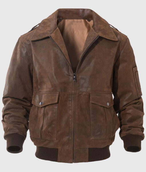 Keller Mens Brown Bomber Vintage Leather Jacket - Front View