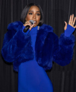 Kelly Rowland Mea Culpa Mea Womens Blue Fur Cropped Jacket - Womens Blue Fur Cropped Jacket - Front View2