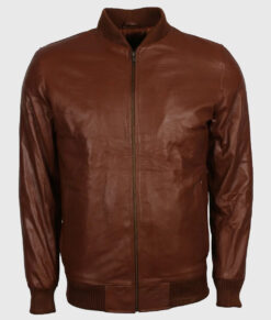 Kent Mens Maroon Bomber Leather Jacket - Front View