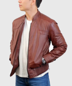 Kent Mens Maroon Bomber Leather Jacket - Side View