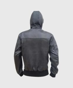 Kevin Mens Black Bomber Hooded Leather Jacket - Back View