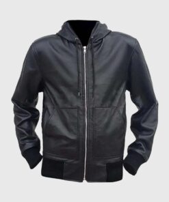 Kevin Mens Black Bomber Hooded Leather Jacket - Front View