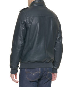 Kim Mens Navy Blue Bomber Epaulette Leather Jacket - Back View