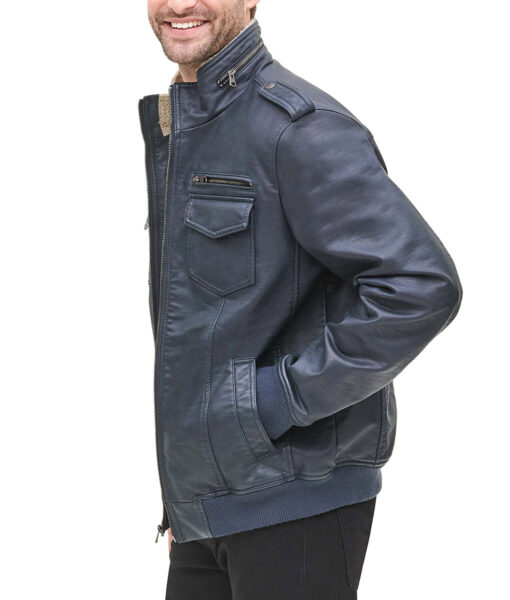 Kim Mens Navy Blue Bomber Epaulette Leather Jacket - Pocket View